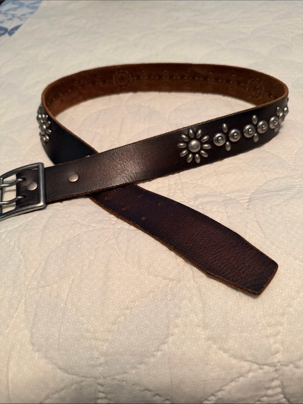 American Eagle Outfitters Dark Brown Leather Floral Stud Belt